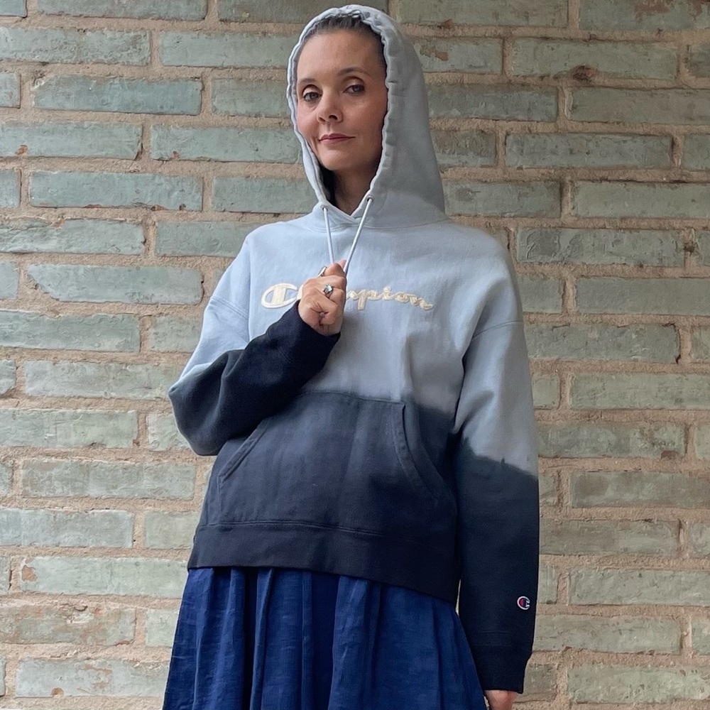 Champion Spellout Hoodie Blue Ombre Dip Dye Reverse Weave Embroidered Sweatshirt - Picture 6 of 14